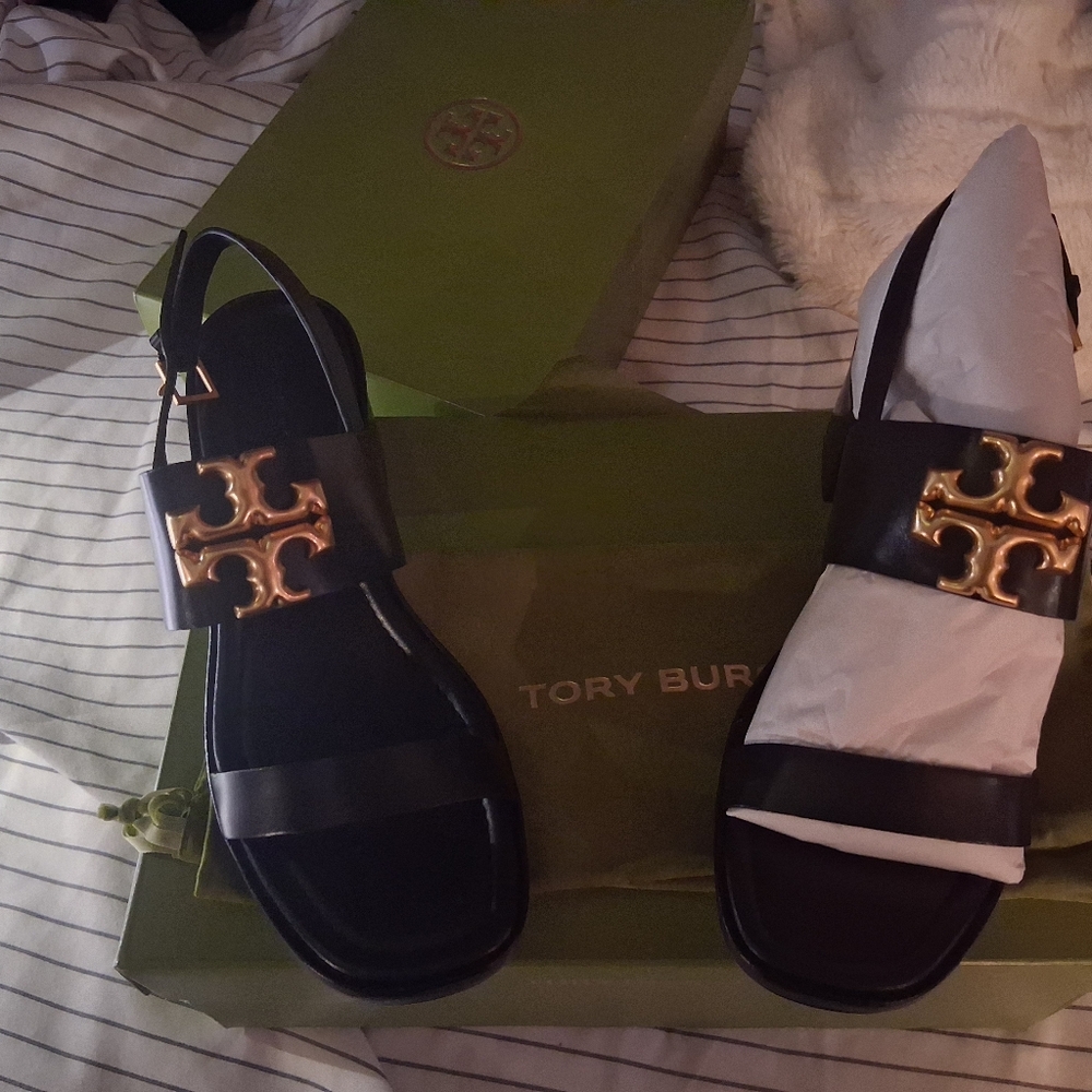 Tory Burch Black Sandals with Gold Emblem